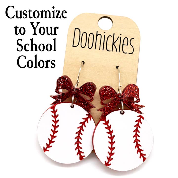 Custom Bow Baseball Dangle Earrings - Spirit Sports Earrings for wholesale by Doohickies