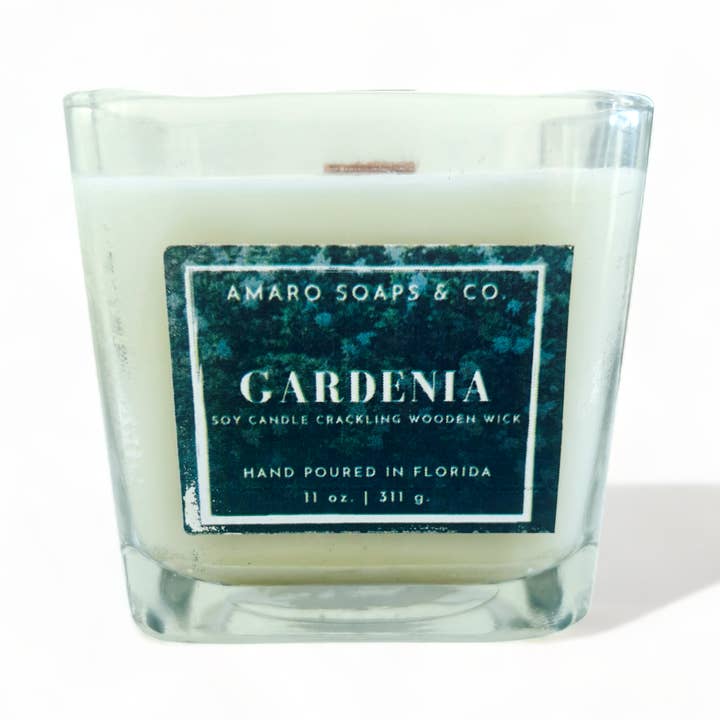 Gardenia Wooden Wick Soy Candle for wholesale by Amaro Soaps & Co.