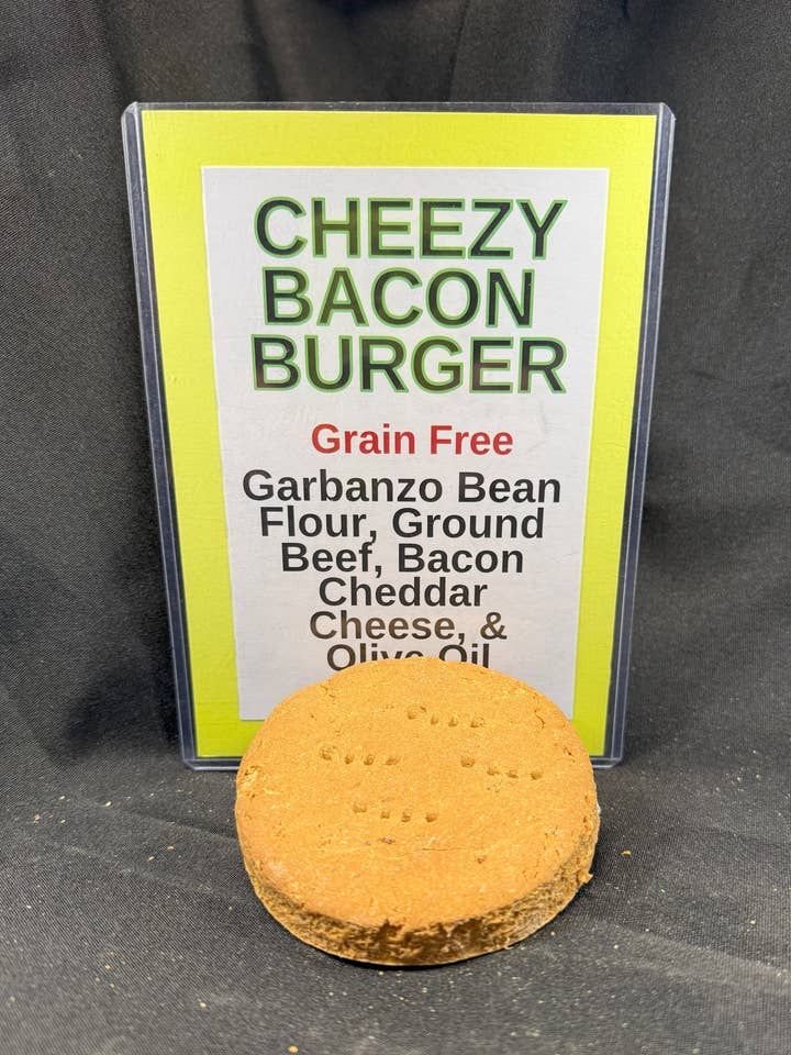 Grain-Free Cheezy Bacon Burger for wholesale by Veronica's Doggie Delights