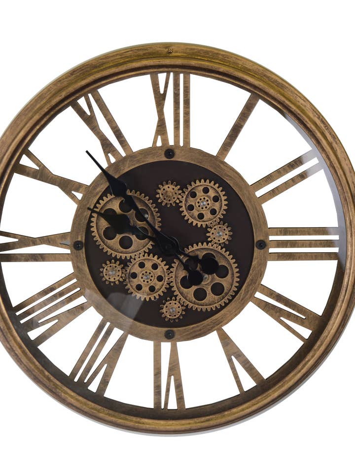 17.5" Ant Gold Wall Clock With Moving Gears for wholesale by Three Star IM/EX Inc.