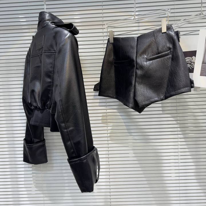 Black SET213Y Autumn PU Leather Jacket and Cross Leather Pants Set for wholesale on Faire1