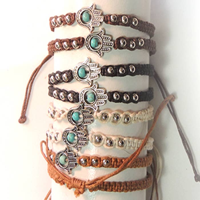 Peaceful Village Inc. - Wholesale Charm/Dangle Bracelet - Woven Cloth Natural Color w/ Metal Hamsa Adjustable Bracelet