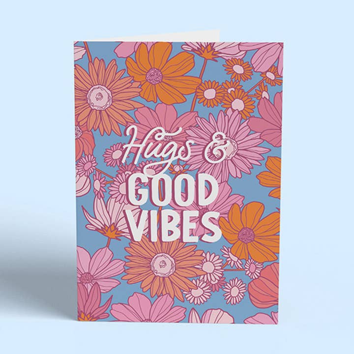 HUGS AND GOOD VIBES GREETINGS CARD for wholesale by Oh So Daisy