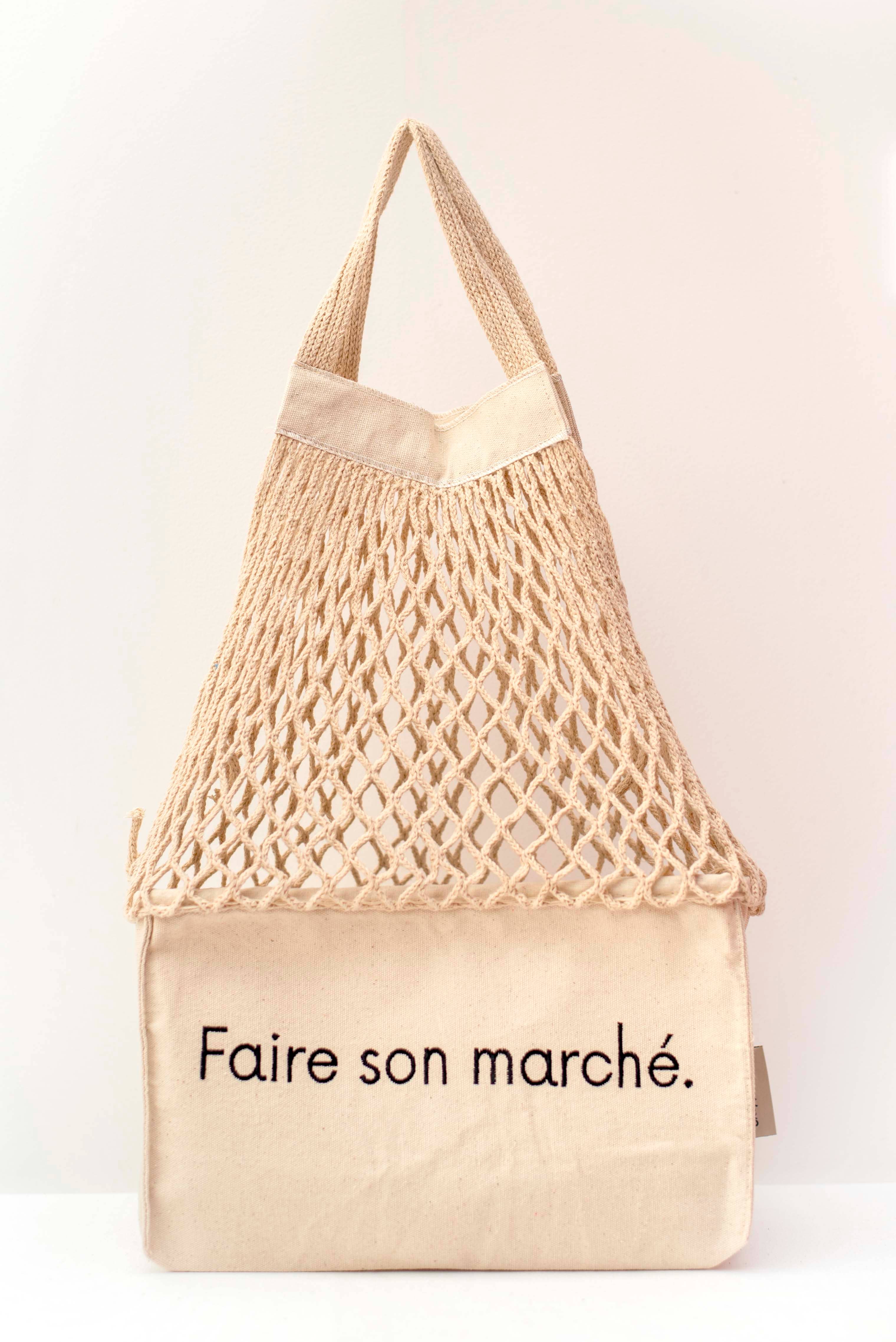 SHOPPINETTE – wholesale Livsmedels-/Shoppingväska – Broderad nätkasse "Faire son marché" i storlek M eller XL0