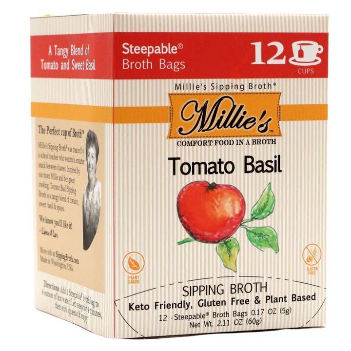 Keep Life Tasty - Wholesale Broth - Millie's Tomato Basil Sipping Broth - 12 Pack Box- Case of 6