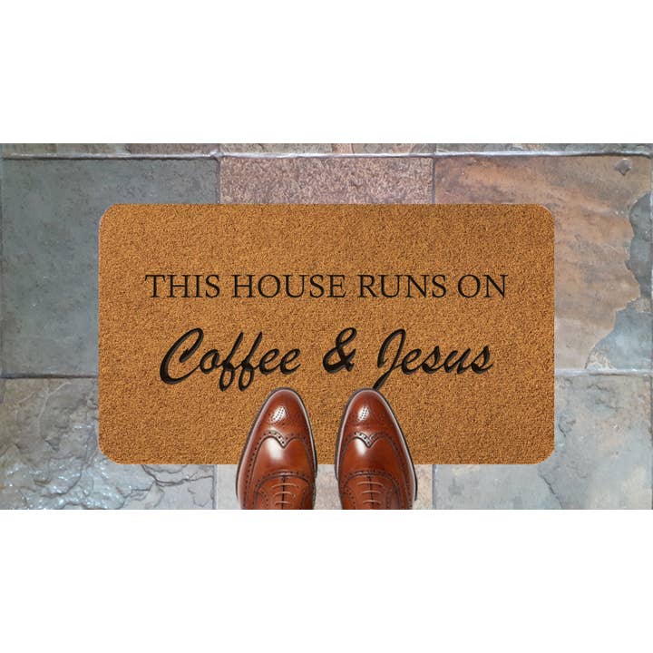 This House Runs On Coffee & Jesus Synthetic Coir for wholesale by ARTISANKISS