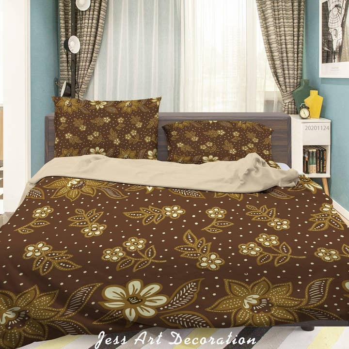 Juego de funda nórdica con patrón de hojas florales marrones vintage 3D, juego de ropa de cama, funda de edredón, fundas de almohada LXL para venta al por mayor de Jess Art Decoration