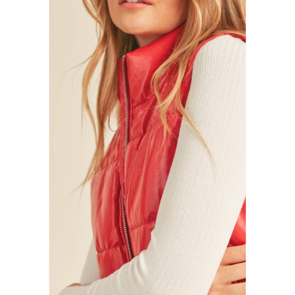 Timeless - Wholesale Outerwear Vest - Women's - FAUX PATENT PU HIGH NECK ZIP UP PUFFER VEST5