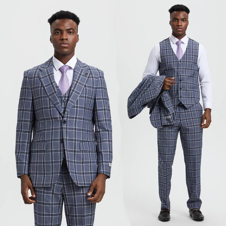 Stacy Adams, 3-PC Plaid Suit, Notch Lapel, Grey (SM166H1) for wholesale by Suits America