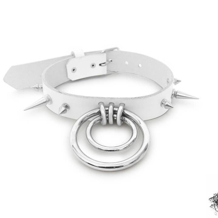 8th Sin - Wholesale Choker/collar - White Studded Double O Ring Choker (Long and Short Spikes)1