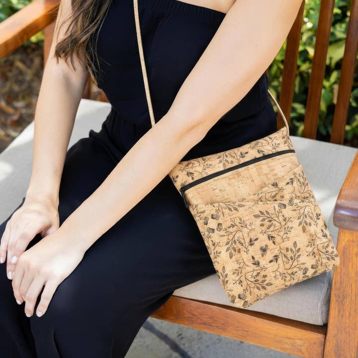 Natalie Therese - Wholesale Crossbody Bag - Women's - Cork Crossbody Bag w/ 2 Crisscross Pocket | Black Floral3