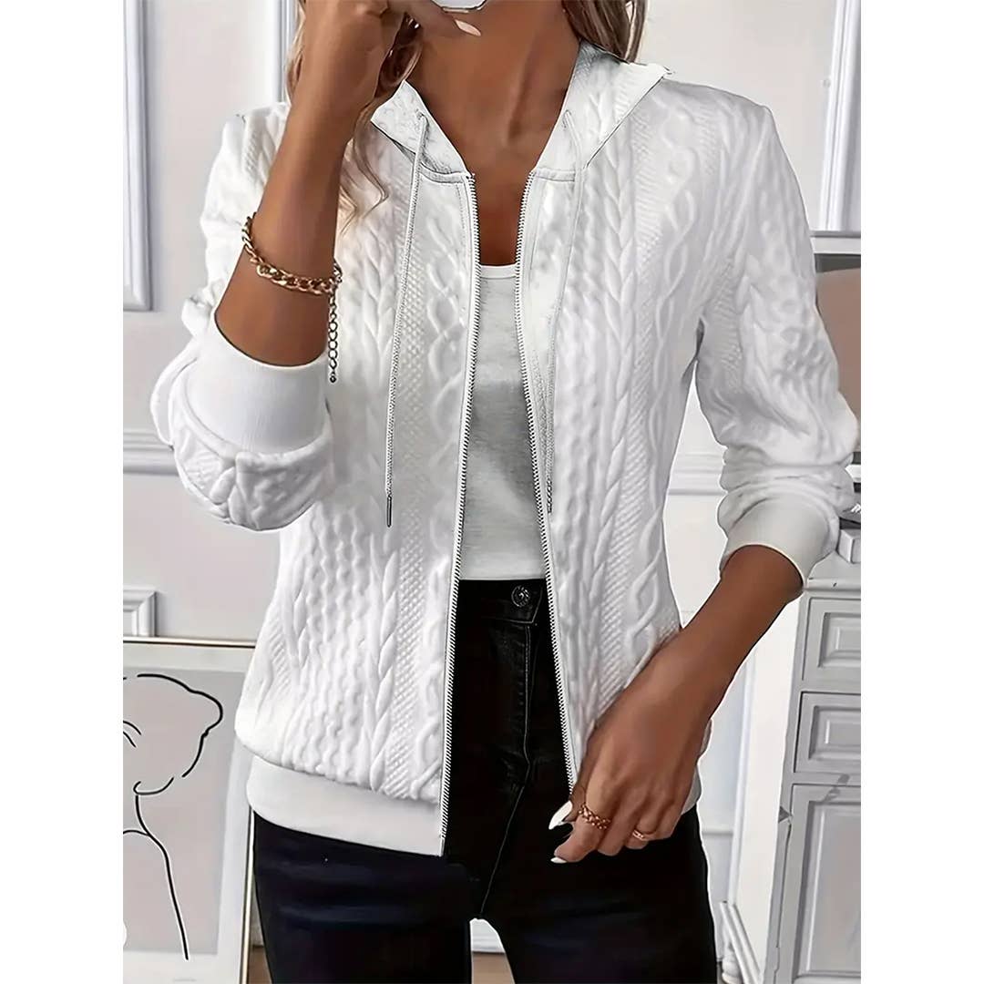 White Autumn Solid Long Sleeve Knit Zip-Up Hoodie Jacket ZK3345 for wholesale on Faire