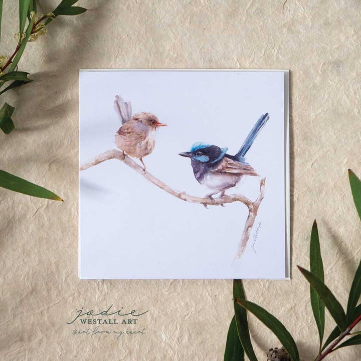 ‘Hello Little Friend’ Blue Wrens - Greeting Card for wholesale by Jodie Westall Art