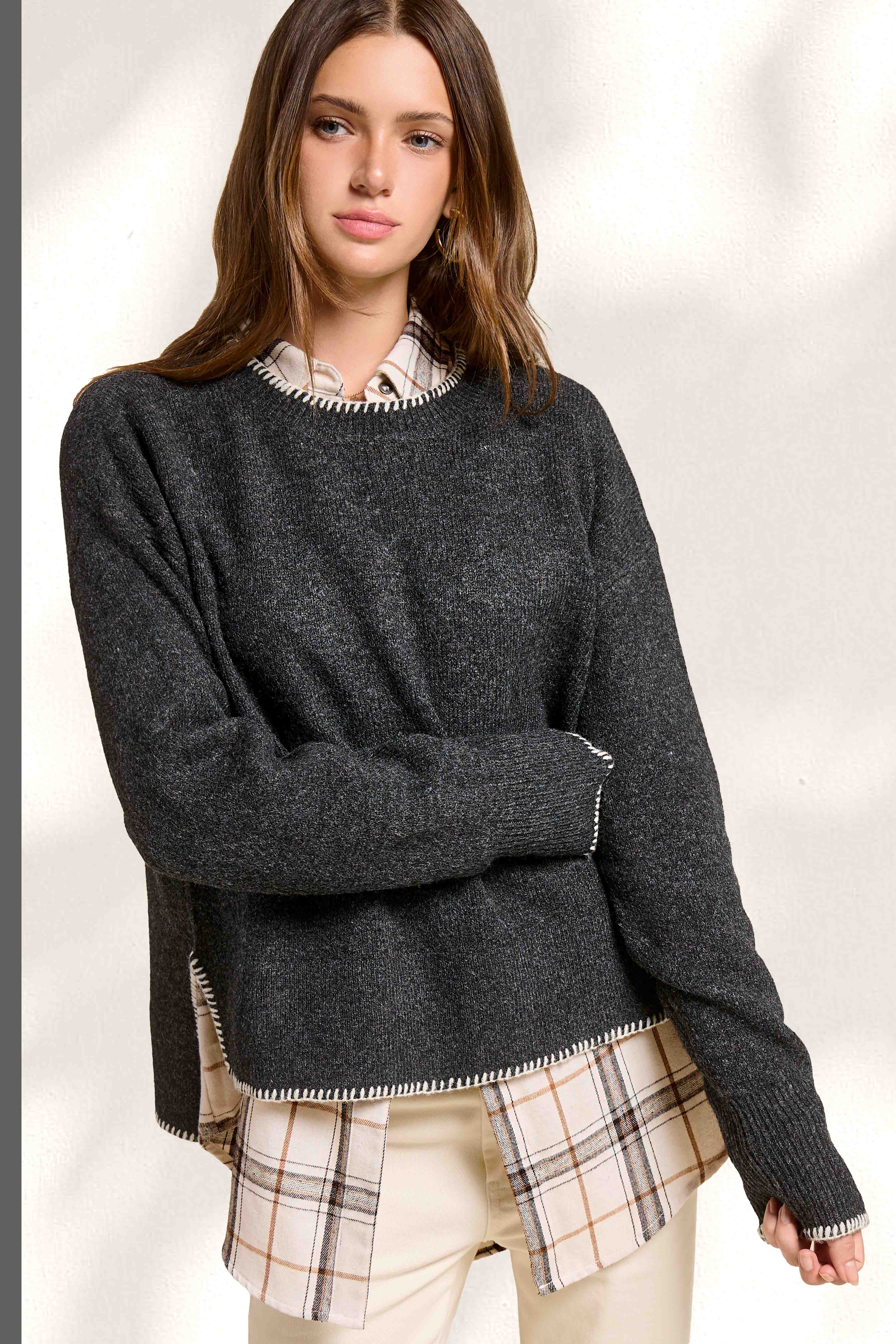 La Miel - Wholesale Knit Sweater - Women's - JDS3607-Hi-Low Crew Neck Sweater W/ Contrast Blanket Stitch1