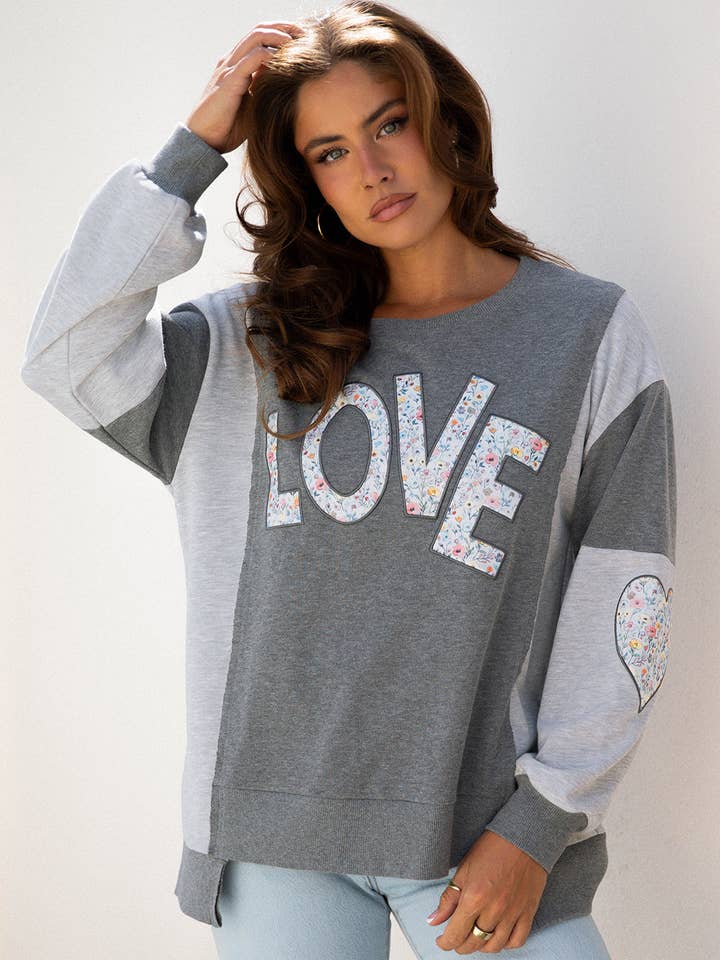 FB Floral LOVE Reverse Seam Patchwork Long Sleeve Sweatshirt for wholesale by FASHION BLVD