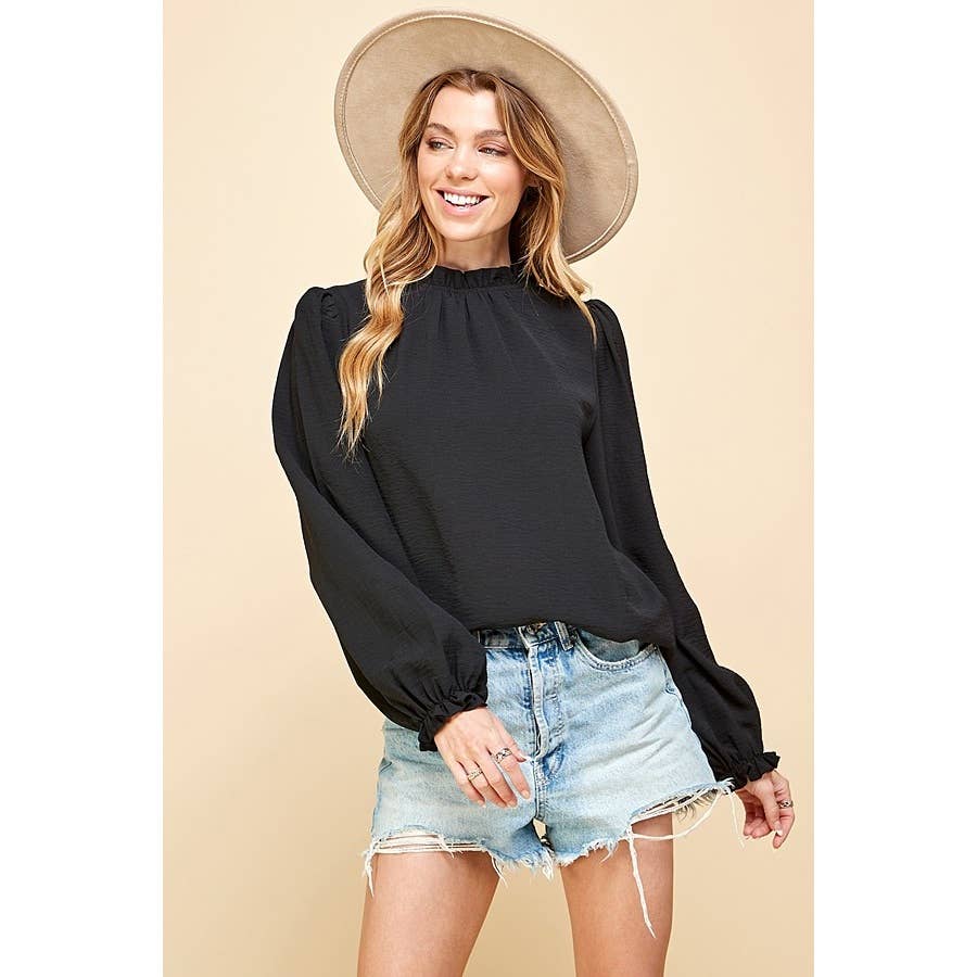 LIME N CHILI - Wholesale Blouse - Women's - Solid Ruffle Mock Neck Balloon Sleeve Blouse7