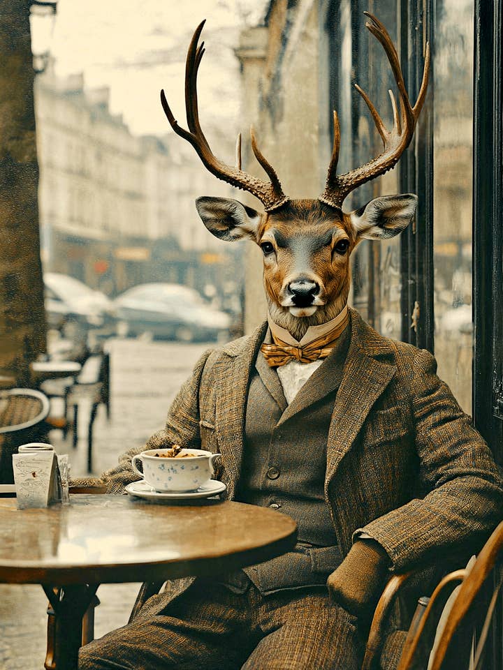 Cerf Buck au Café - Impressions d'Art d'Animaux Anthropomorphes – Œuvre 8″x10″ pour Cadre 11″x14″ pour la vente par Mowbi