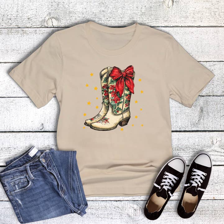 Western Christmas Cowgirl Boots Graphic Tee for wholesale by Rebel Rose