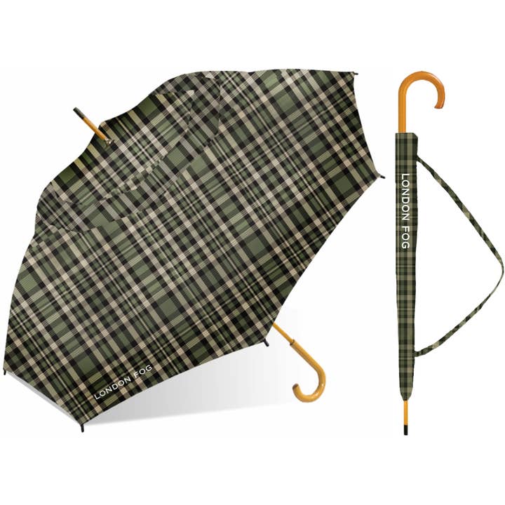 Chaby International - Wholesale Umbrella - Unisex - London Fog 48" Auto Doorman Umbrella w/Wood Hook-Green Plaid