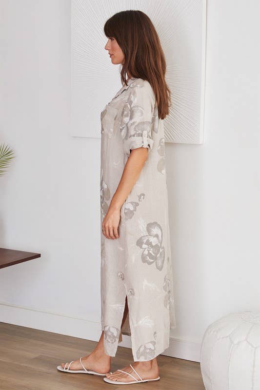 VENTI6 - Wholesale Dress - Women's - BUTTON DOWN LONG TIE DYE LINEN DRESS (5-42-TULIPFLORAL)1