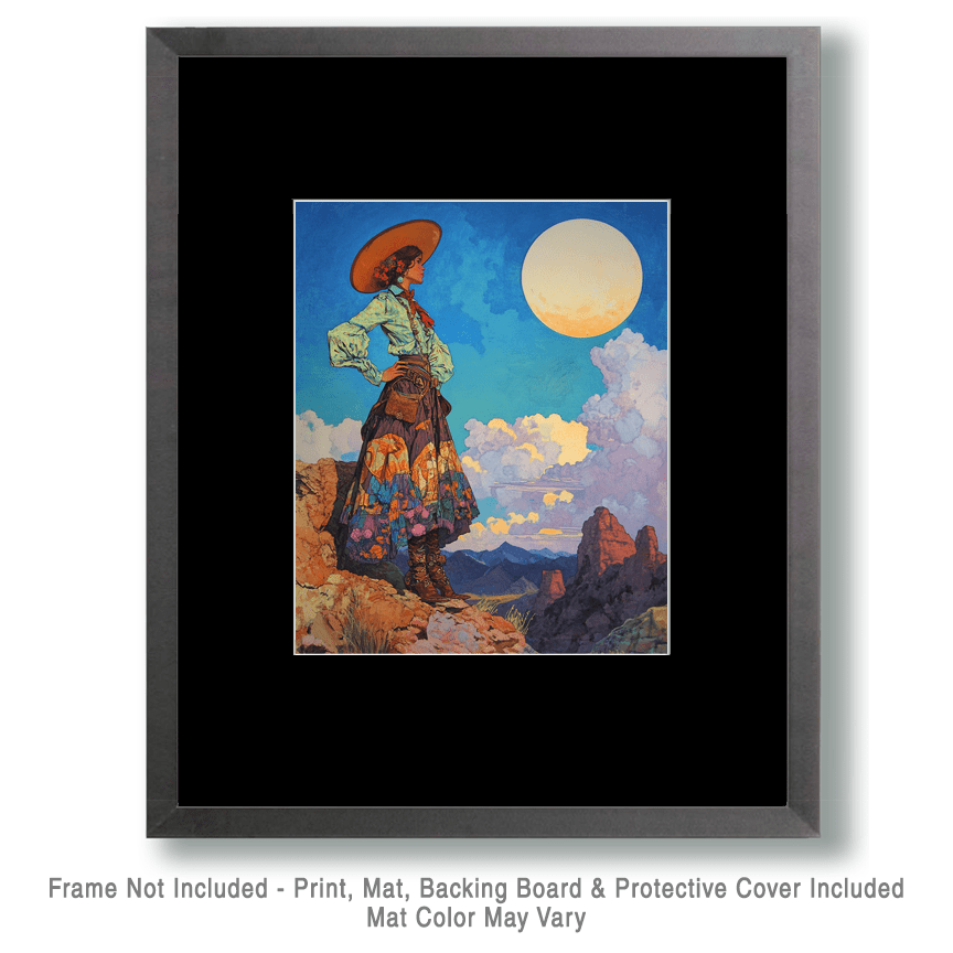 Mowbi - Wholesale Art Print - Southwest Full Moon Cowgirl - Wall Art Print - Coastal Cowgirl  8"x10" Artwork - 11"x14" Mat1