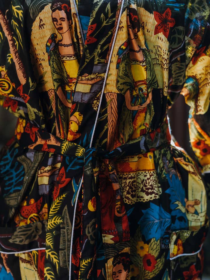 The Bazaar Rabbit - Wholesale Robe - Women's - Frida Kahlo Tropical on Black Kimono Robe