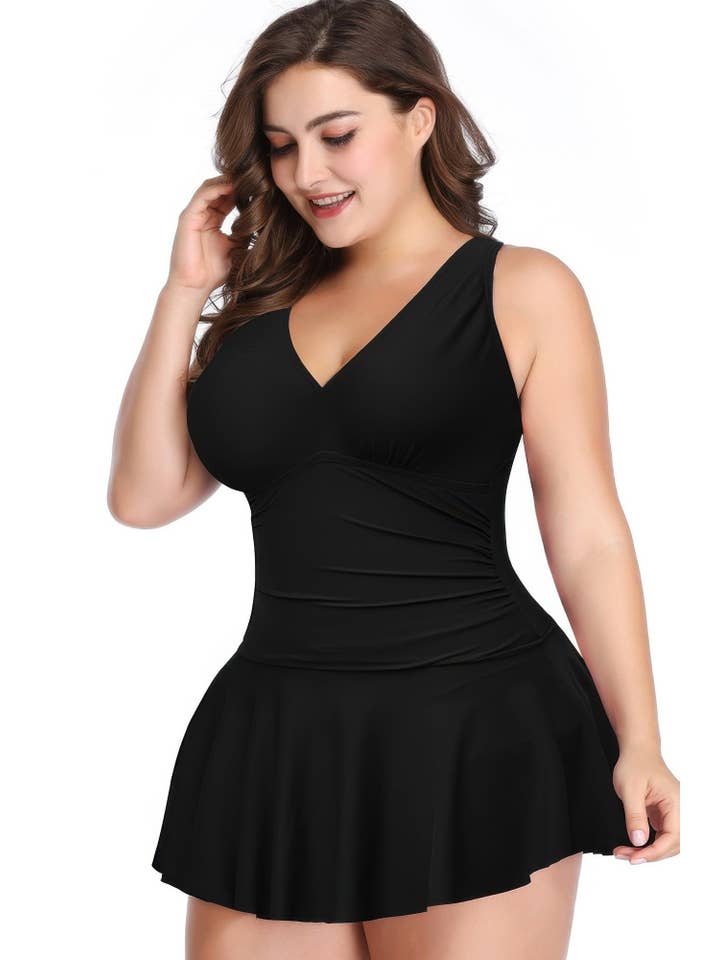 CC Wholesale Clothing - Wholesale One Piece Swimsuit - Women's - Plus Size Solid Ruffle V Neck Fit Swimsuits1