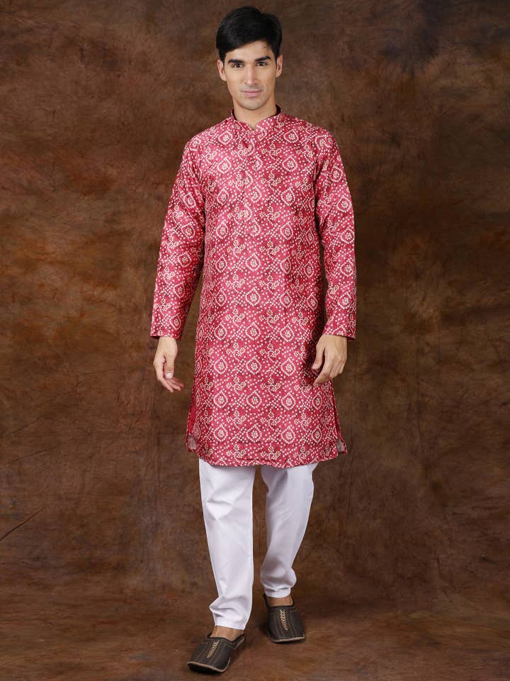 Exotic India Art – wholesale Suit set – men's – Bandhani Print Cotton Silk Mandarin Collar Kurta-Pajama Set