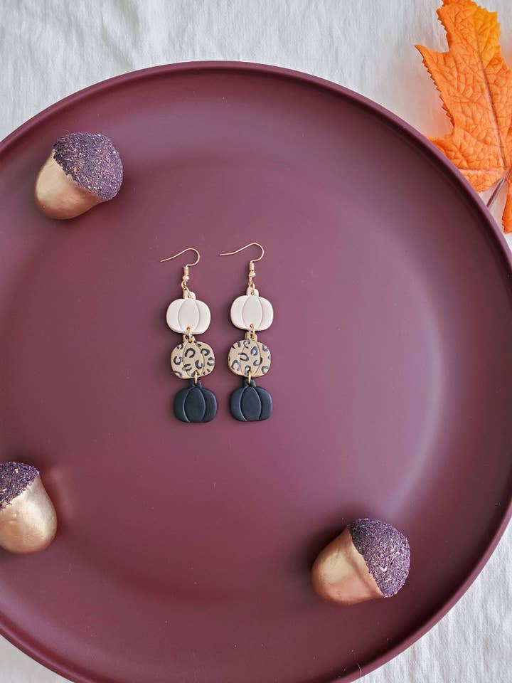 Leopard Pumpkin Polymer Clay Dangle Earrings for wholesale by EmJay Designs
