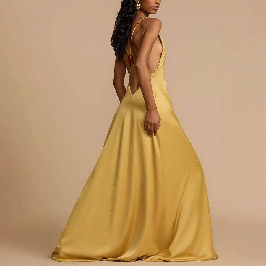 Gold 2025 NEW Summer Sexy Satin Backless VNeck Maxi Dress for wholesale on Faire8