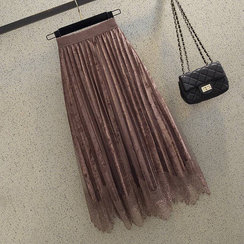 UZ Wholesale Store – Engroshandel Nederdel - Dame – Blonde Patchwork Plisseret Fløjl Midi Nederdel2