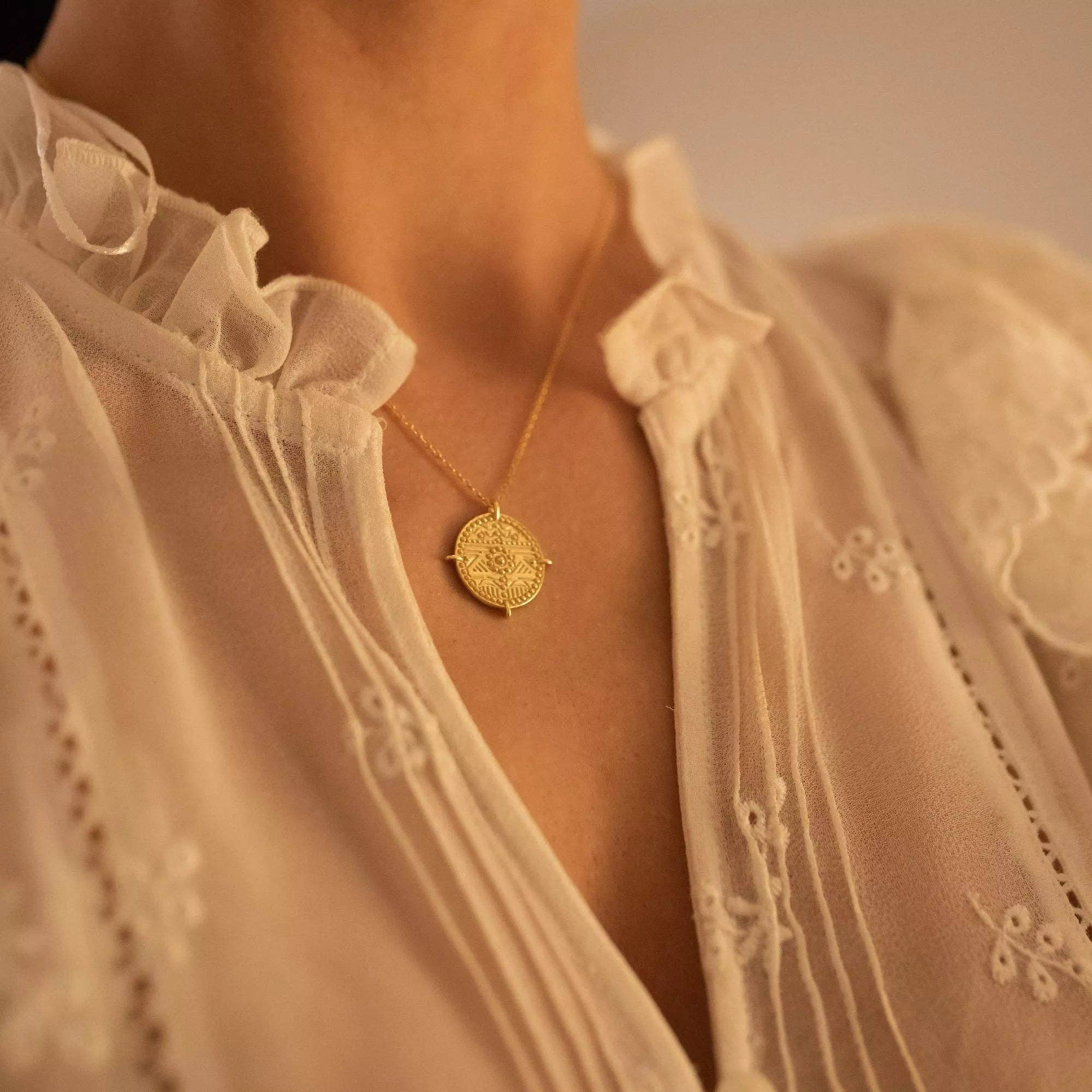 Chunky 18K Gold Aztec Coin Medallion Necklace for wholesale on Faire2