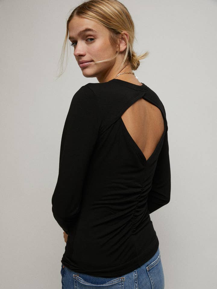 Long Sleeve Cinched Open Back Top for wholesale by Cerule