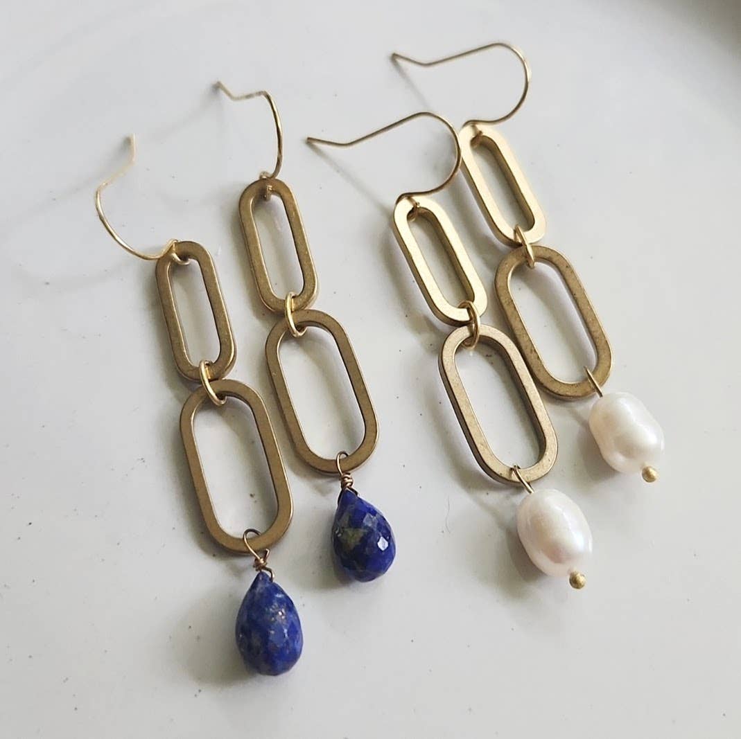 Sara Sela Jewelry - Wholesale Dangle Earrings - Brass Oval, Lapis Lazuli and Pearl Statement Dangle Earrings