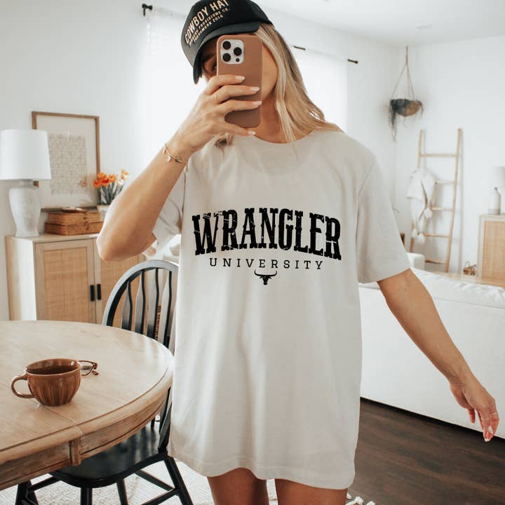 Wrangler University Western Cowgirl Comfy Crewneck or Tee for wholesale by The Foxy Golden