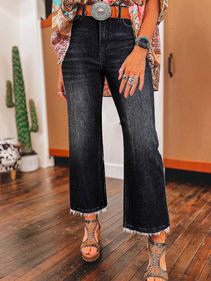 Lovesoft - Wholesale Jeans - Women's - Sail Blue Mineral Wash Raw Hem High Waist Flared Jeans