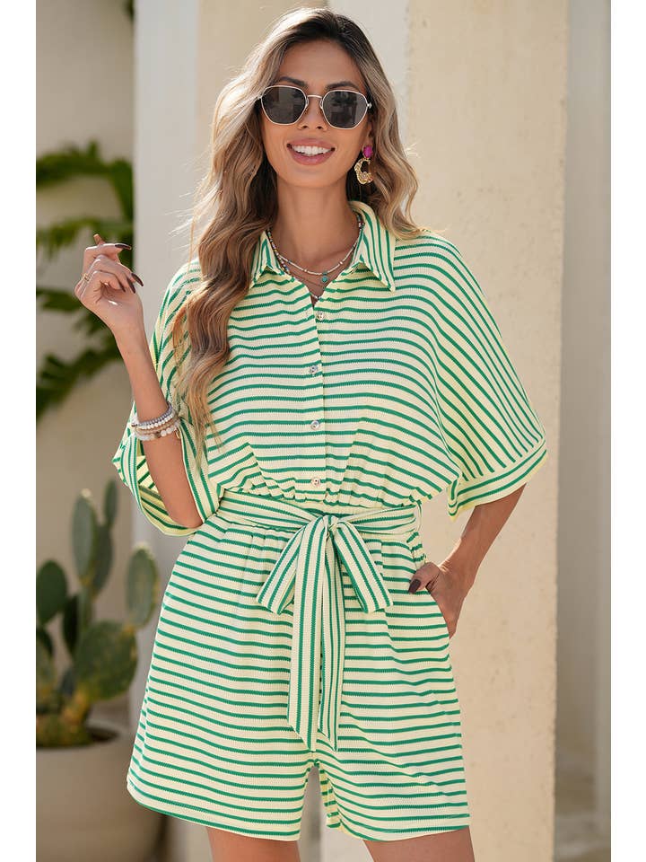 Green LDC Stripe Textured Collared Buttoned Waist Tie Romper for wholesale on Faire