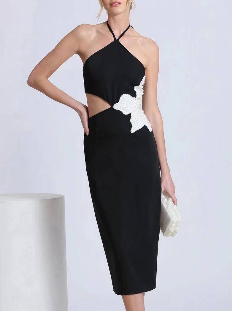 Noir Robe mi-longue à dos nu à motif floral DR298 en vente sur Faire2