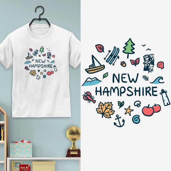 Camiseta Juvenil Unisex de Iconos de Doodles de New Hampshire XS-XL para venta al por mayor de RetroPlanet