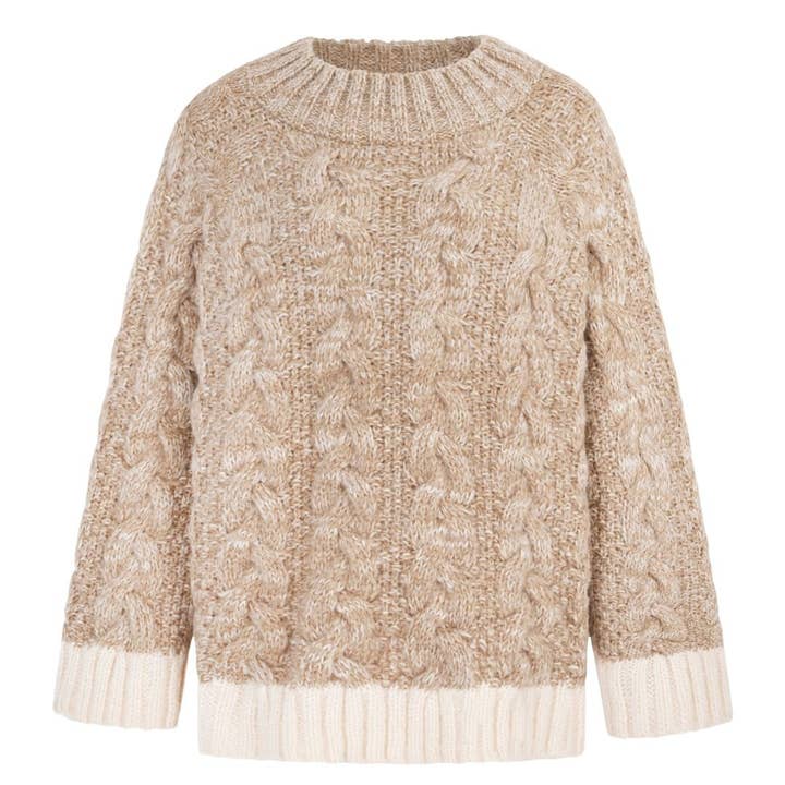 Cara & The Sky - Wholesale Knit Sweater - Women's - Jennie Cable High Neck Balloon Sleeve Jumper - Beige1