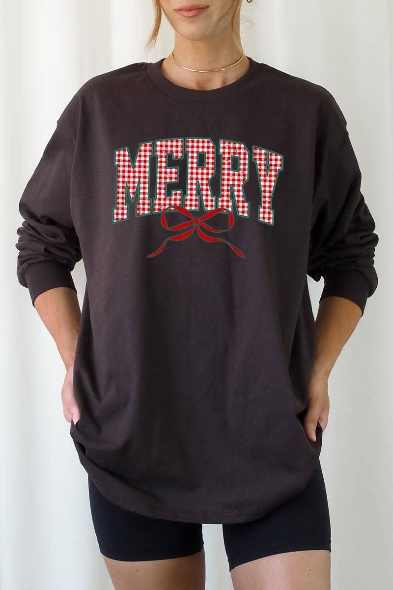 COLORBEAR - Wholesale T-Shirt (Graphic) - Women's - Plaid Merry Christmas Bow Plus Long Sleeve Tee11