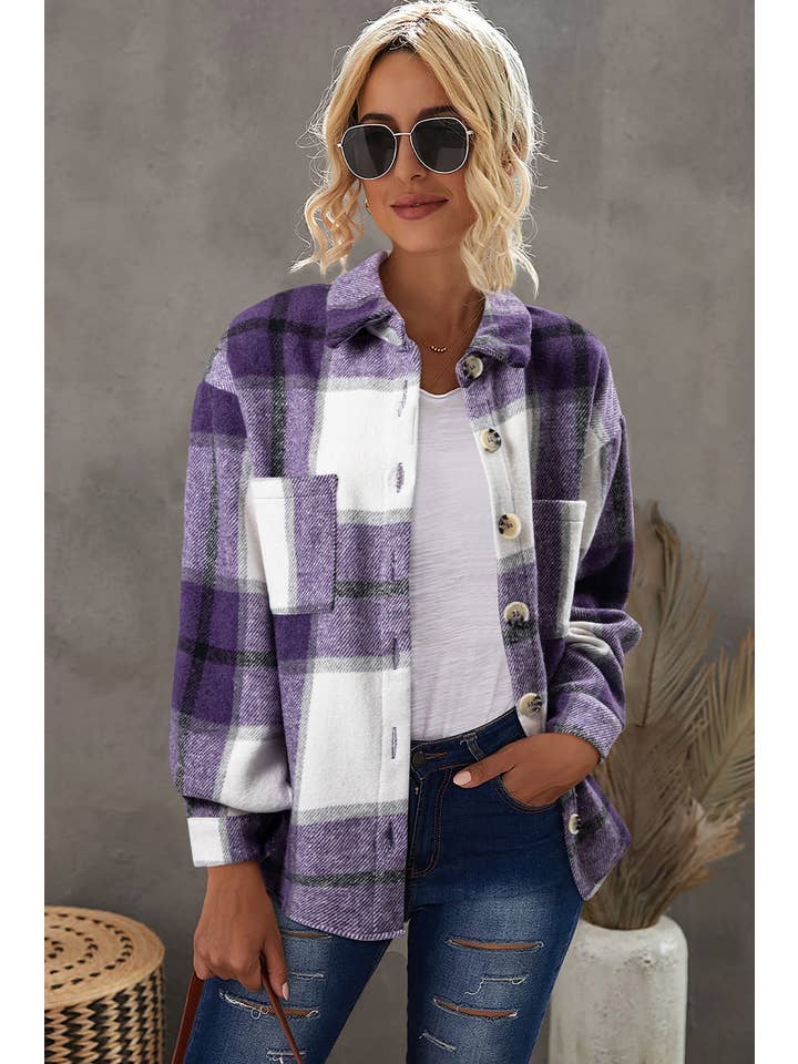 PRETTY BASH - Wholesale Shirt Jacket/Shacket - Women's - Plaid Button-Up Long Sleeve Pocketed Shacket8