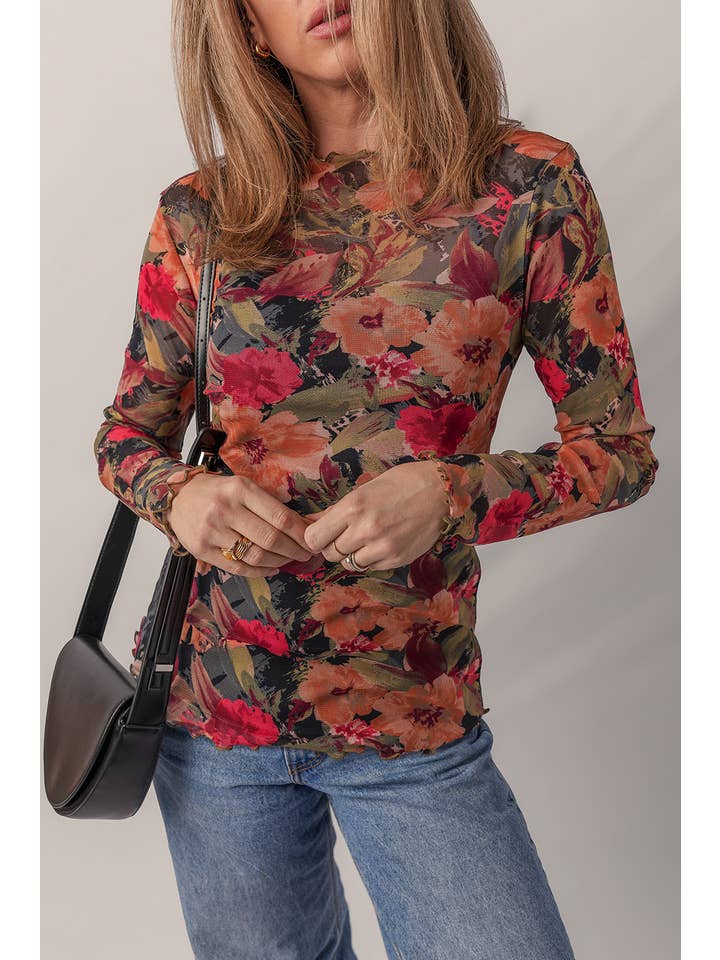 As shown Floral Print Lettuce Trim Long Sleeve Mesh Top | S-XL for wholesale on Faire
