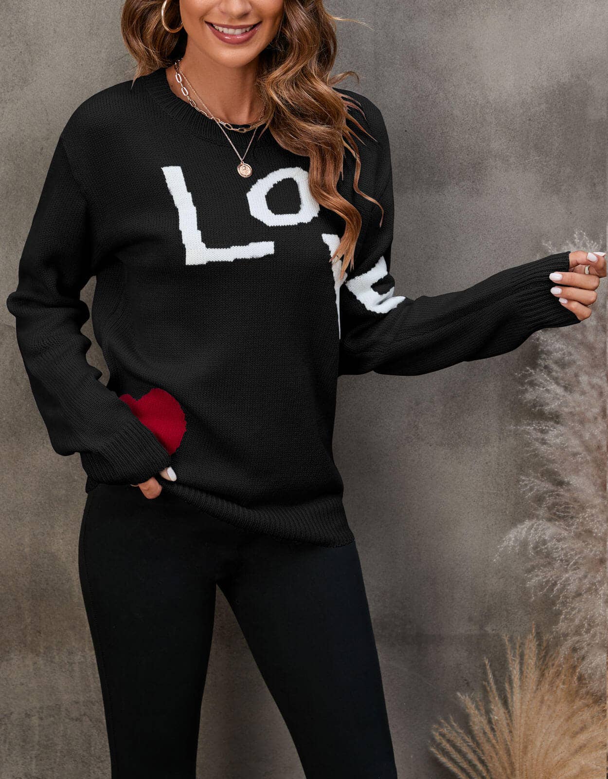 GRIS PULL JACQUARD AMPLE EN PATCHWORK AVEC LETTRES D'AMOUR en vente sur Faire1