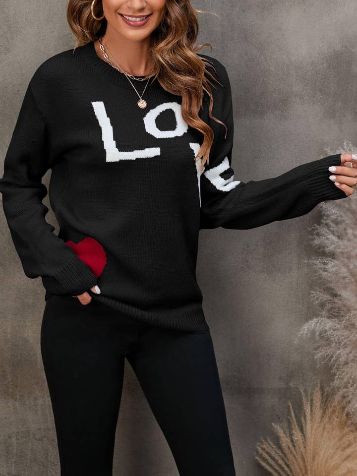 GRAY LOOSE PATCHWORK LOVE LETTER JACQUARD SWEATER for wholesale on Faire1