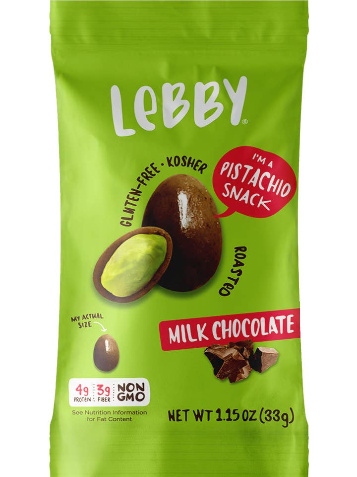 Lebby Milk Chocolate Pistachios 1.15oz for wholesale by Lebby Snacks