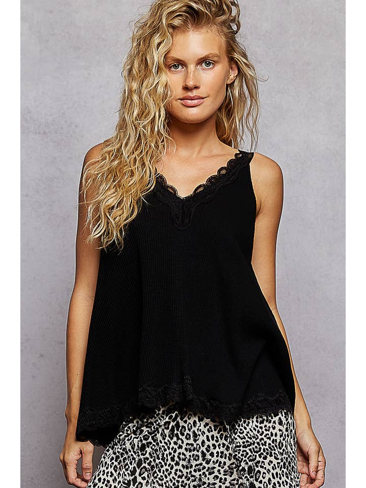 Pol Clothing - Wholesale Tank Top - Women's - V-neck Sleevleess Lace Trim Solid Tank Top SALE1