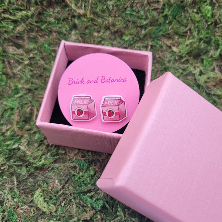Handmade nickel free strawberry milk stud earrings for wholesale by Brick and Botanica