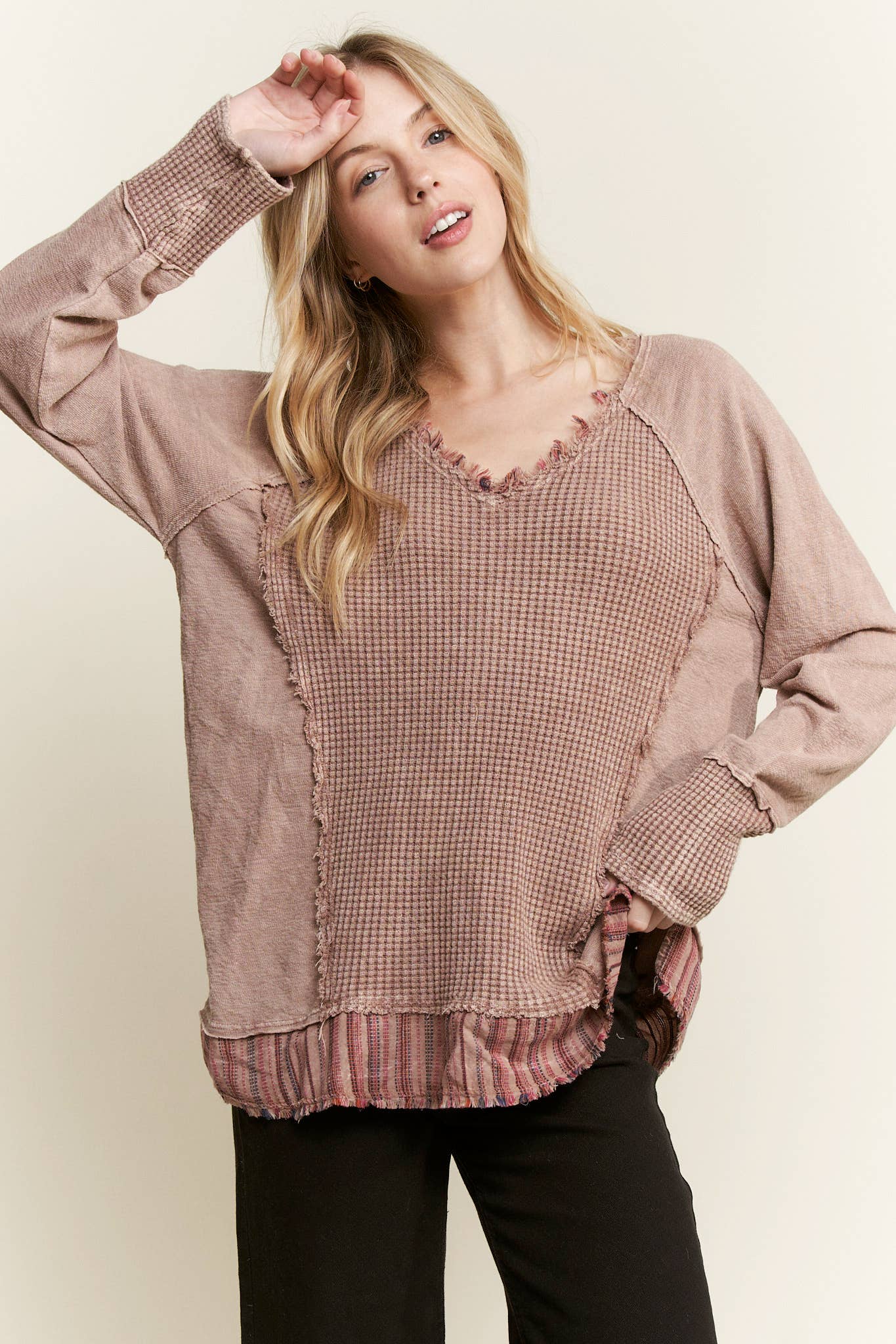 J.Her - Wholesale Knit Top - Women's - MineralWash Frayed stripe Waffle Melangie knittop  HT59113