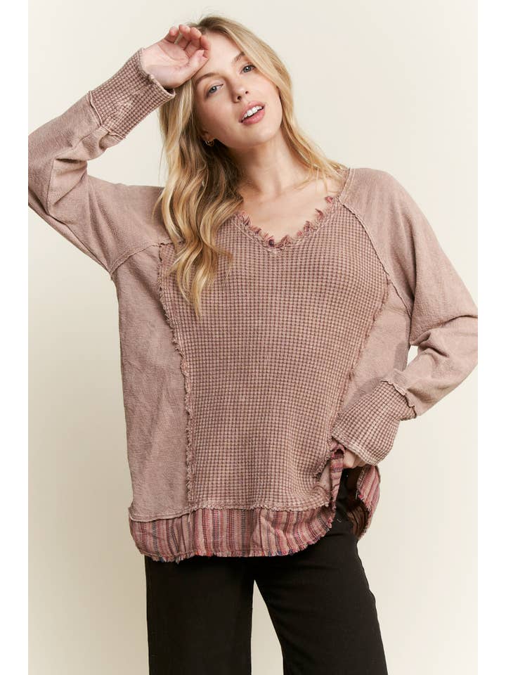 J.Her - Wholesale Knit Top - Women's - MineralWash Frayed stripe Waffle Melangie knittop HT59113